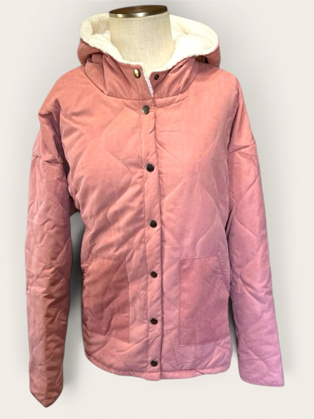 Pink Quilted Puffer Jacket Sherpa Hood Women’s L Cozy Winter Coat NWT